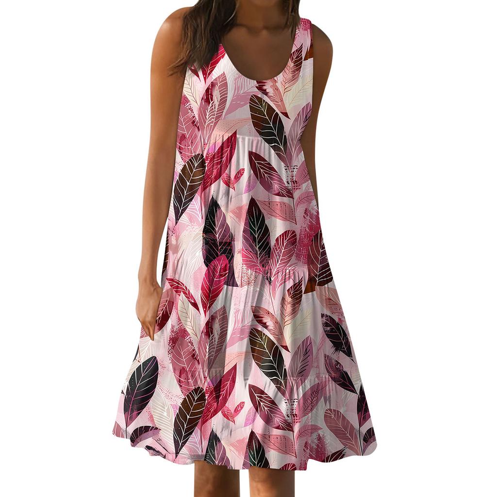 Гавайское платье для женщин, летние весенние плиссированные богемные платья, милые струящиеся пляжные платья без рукавов, прямые платья-майки, платья с круглым вырезом