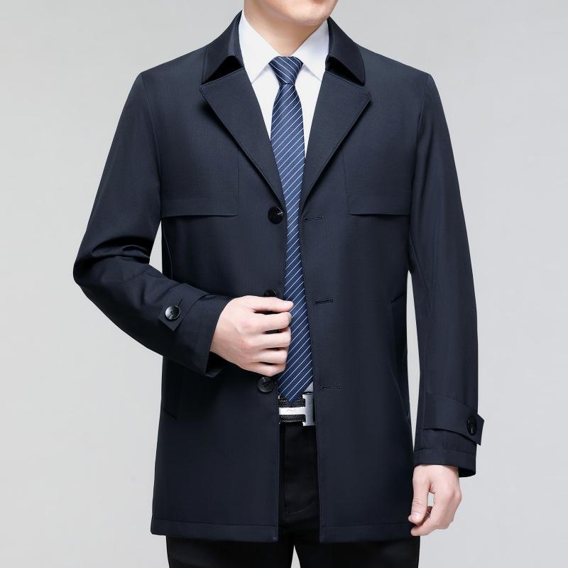 Мужская ветровка средней длины, куртка для делового повседневного ношения, для мужчин среднего возраста, простое пальто с лацканами, устойчивое к морщинам