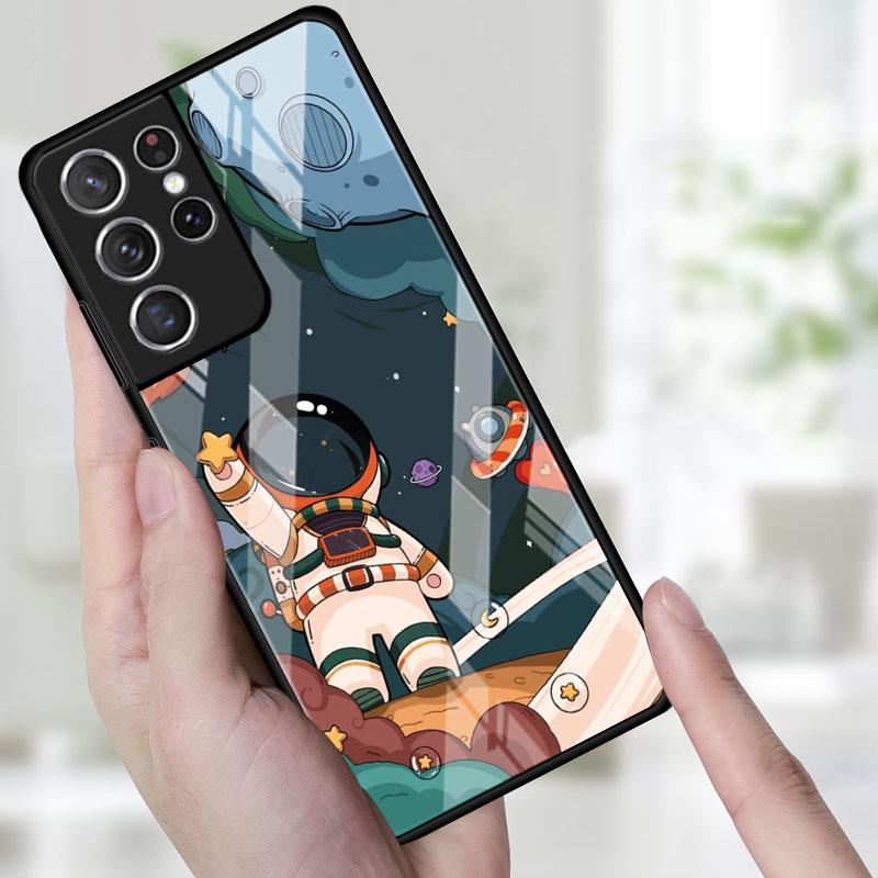 Стеклянный чехол для телефона для Samsung Galaxy S22 S21 S20 Ultra FE S9 S10 S8 Plus Note 20 10 Lite 9 8, чехол, милый в космосе, астронавт