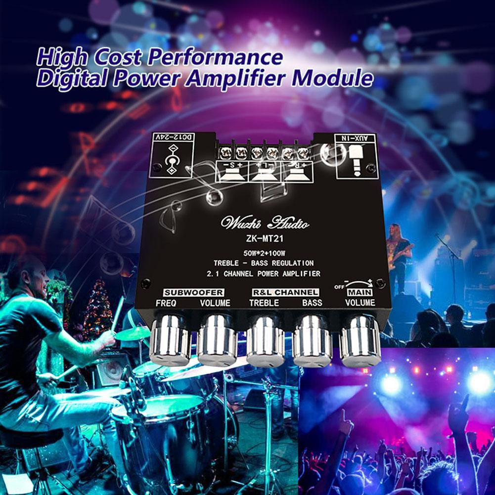 ZK-MT21 2x50 Вт + 100 Вт 2,1-канальный сабвуфер, цифровой усилитель мощности, плата AUX 12 В 24 В, аудио стерео Bluetooth 5,0 басовый усилитель для дома
