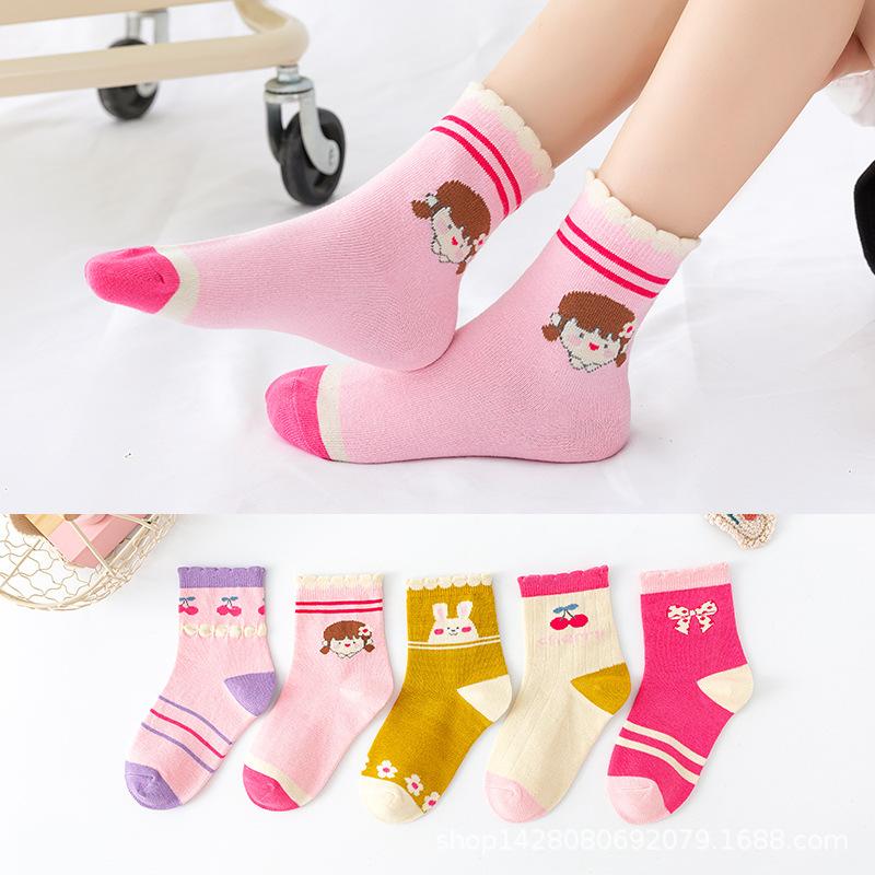 5 Pair Children's Socks Spring Autumn Boys Girls Cartoons Cute Middle Tube Socks
