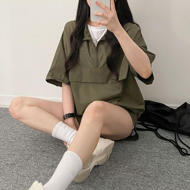 Два предмета свободный женский комплект женский летний спортивный костюм комплект с застежкой-молнией отложной воротник высокая талия шорты одежда