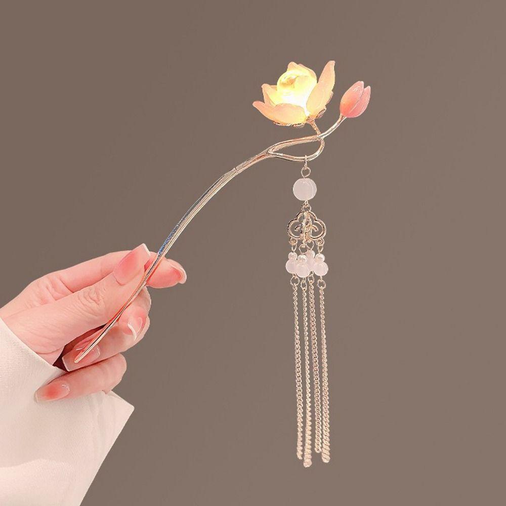 Zinc Zinc Alloy Lantern Hairpin Flower LED Light Hair Fork Exquisite Lotus Tassel Hair Stick Cheongsam