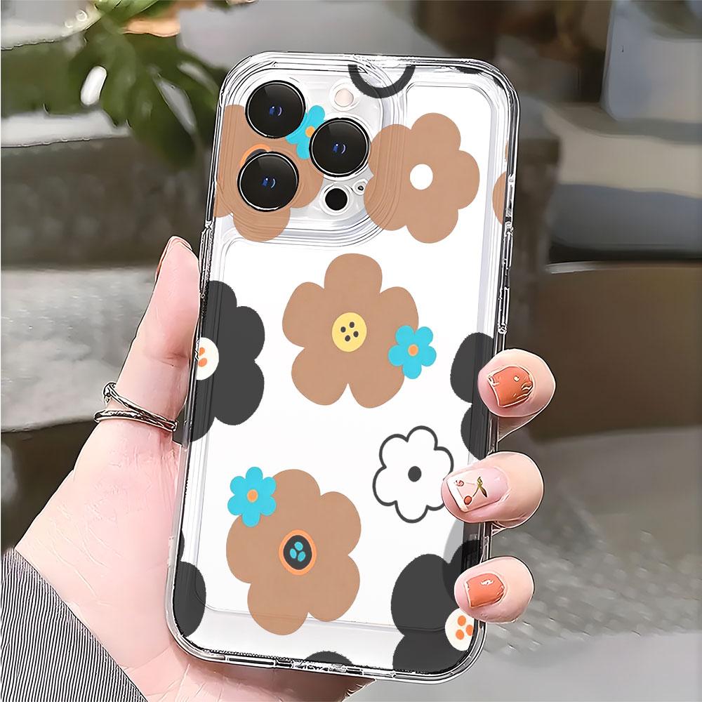 Brown Black Button Flowers Pattern Phone Case for IPhone 14 15 16 17 13 12 11 Pro Max Plus 12 13 Mini TPU Protect Cover