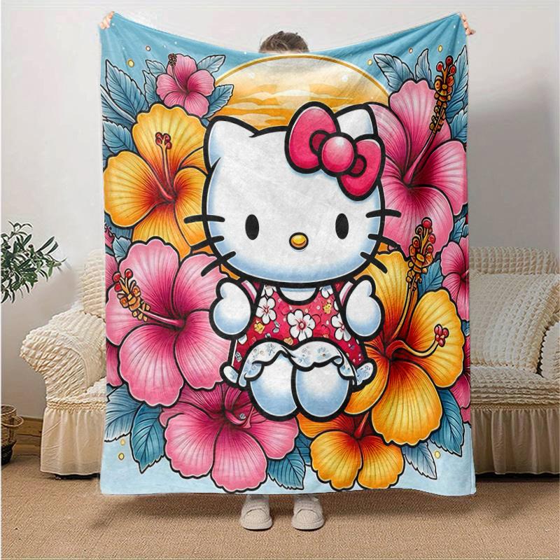 1pc Hello Kitty in Tropical Paradise Blanket Soft Warm Throw Blankets for Home Decor Gift, Living Room, Travel, Camping, Car Blankets, Beach, Office N