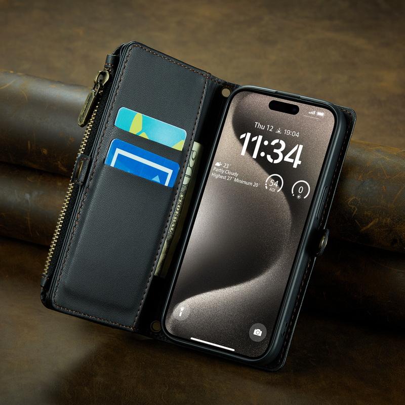Роскошный кожаный чехол-книжка на молнии с ремешком через плечо для iPhone 16 Pro Max 15 14 Plus 13 12 Pro 11 с отделением для карт, противоударный для чехла для телефона Magsafe