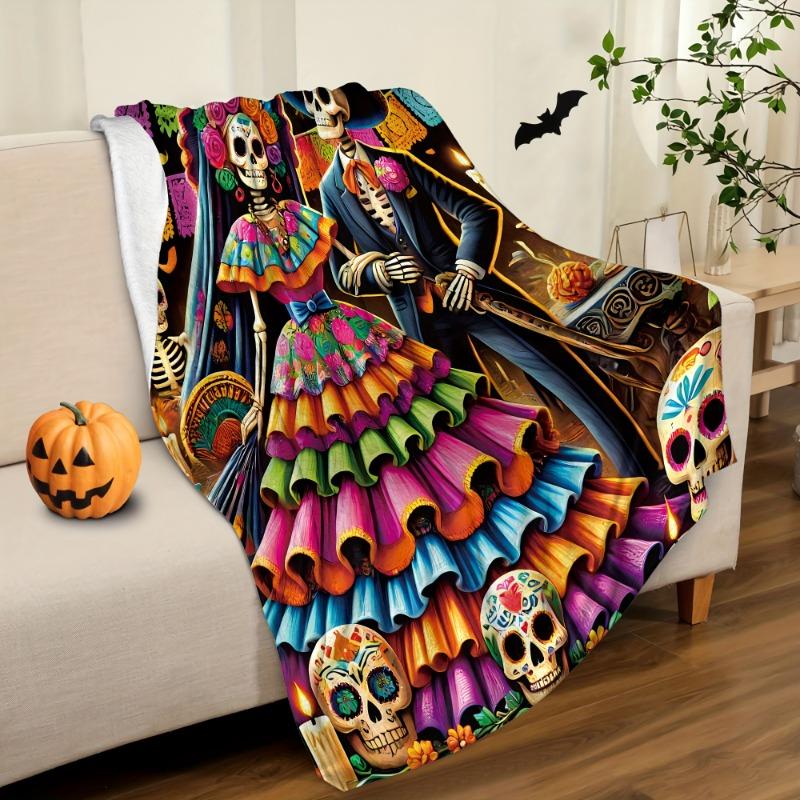 Soft Flannel Day of The Dead Throw Blanket Vibrant Orange Black Blue Skeleton Couple Halloween Living Room Bedroom or Sofa Decor