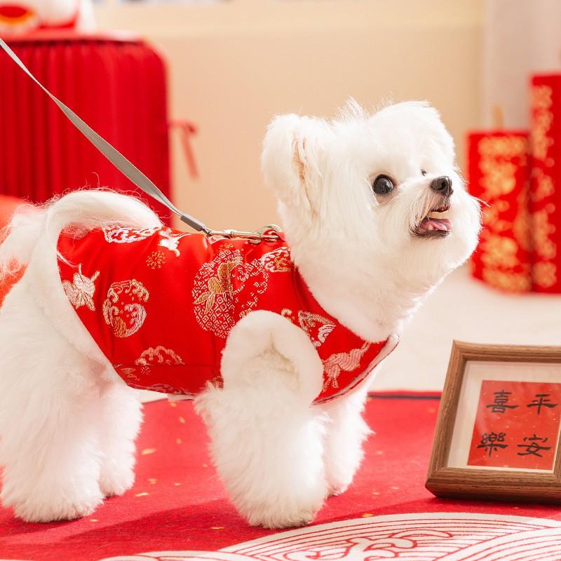 Red Chinese New Inspired Knitted Velvet Dog Pajamas Small Breeds Like Bichon Frise Teddy