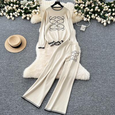 Осенне-зимний трикотажный комплект из двух предметов для женщин, свитер с круглым вырезом и длинными рукавами + широкие узкие брюки с высокой талией, повседневные спортивные костюмы