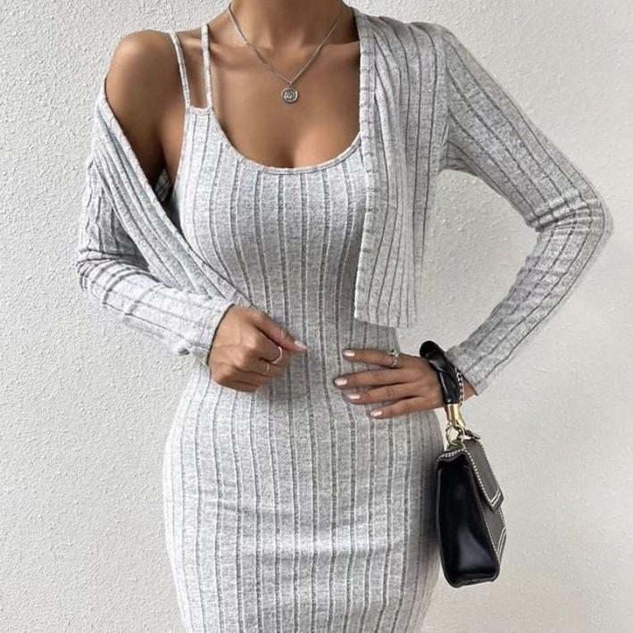 Autumn & Winter Women's Long-Sleeve Knitted Cardigan Dress Set
