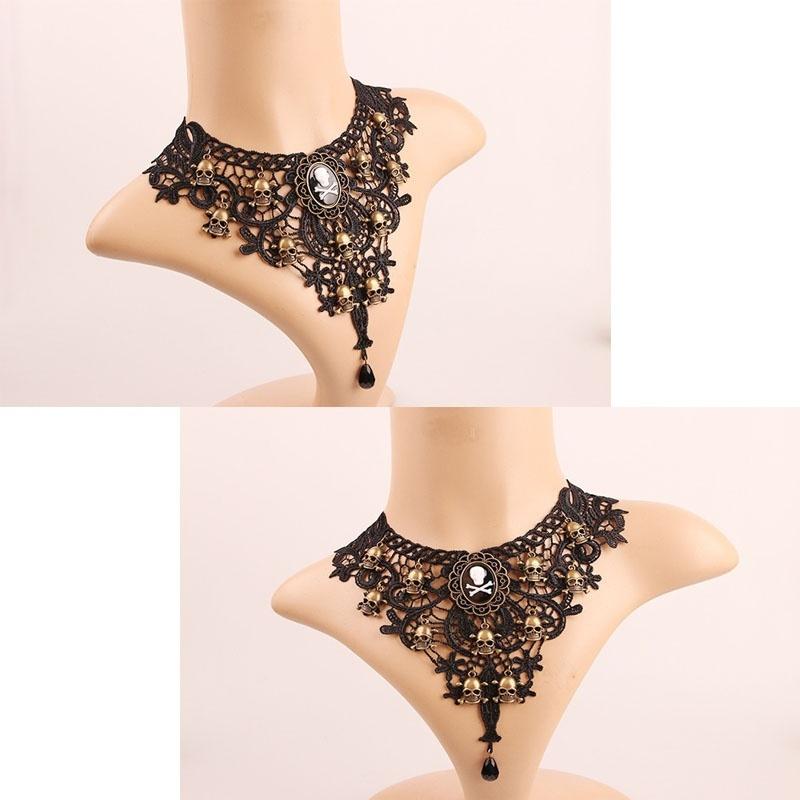 Женская мода готический черный череп кружево колье ожерелье бусы цепочка кулон украшения