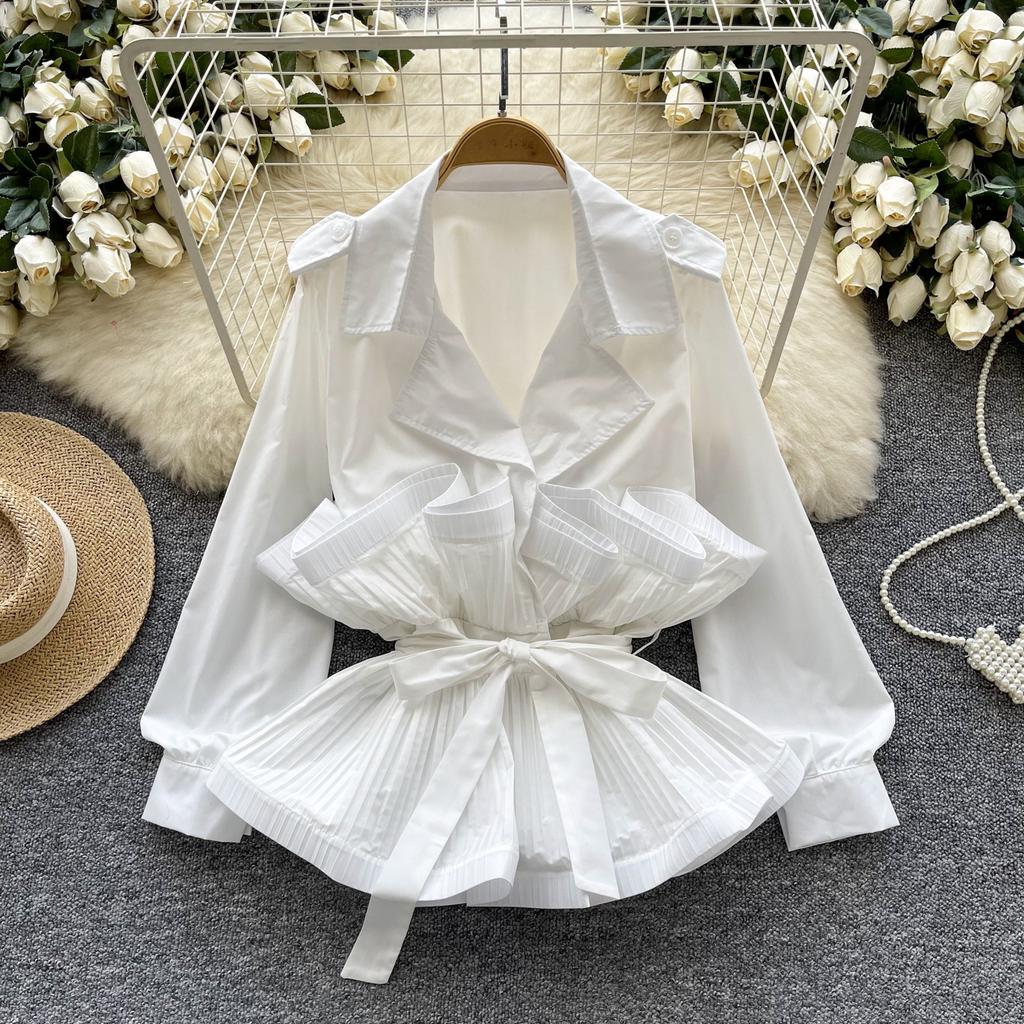 Стиль дочери в стиле легкой роскоши, высококлассная рубашка с воротником-костюмом, женская осенняя куртка с дизайном талии на ремешке и краем в виде лепестков лотоса