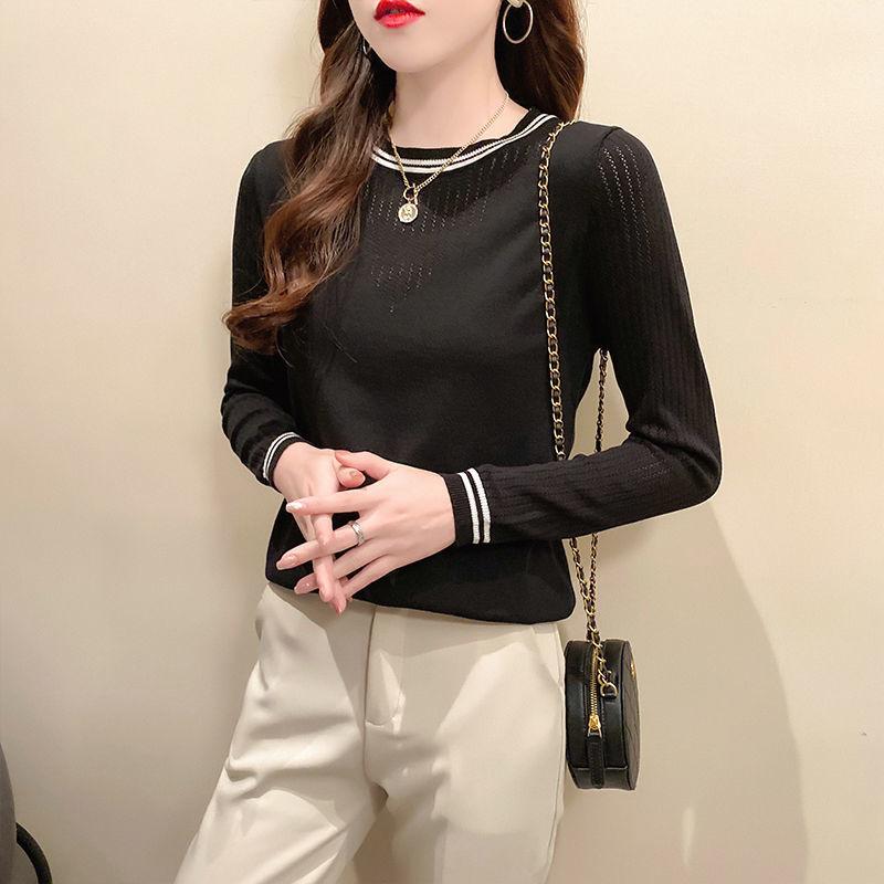 Knit Sweater Women's Spring and Fall Slim and Thin Pullover Long-sleeved Sweater Round Neck Top
