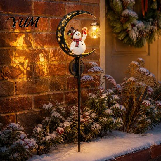 Solar Pathway Light Snowman Garden Stake Light, Powered Crescent Moon Lamp, Creative Christmas Courtyard Ornaments Warm Glow Waterproof for Yard Lawn