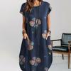 Женское летнее платье с круглым вырезом и короткими рукавами, ретро-принт с карманами, свободное тонкое платье, повседневная повседневная одежда