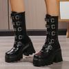 Fashion Women's Gothic Chunky Heel Mid Calf Boots Metal Buckle Strap Platform Punk Boots Woman Thick Bottom PU Leather Motorcycle Shoes
