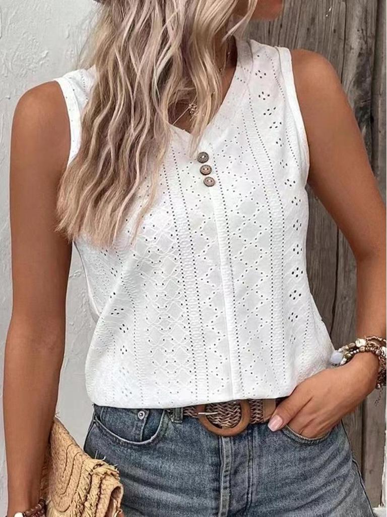 New European and American 2023 Summer Women's Solid Color Casual Round Neck Buttoned Vest T-shirt.