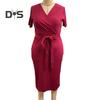 Women Dress V Neck Plus Size Short Sleeve Belted Tight Waist Solid Color Sheath Slim Fit Mid Calf Length Soft Evening Dress Formal Midi Dress