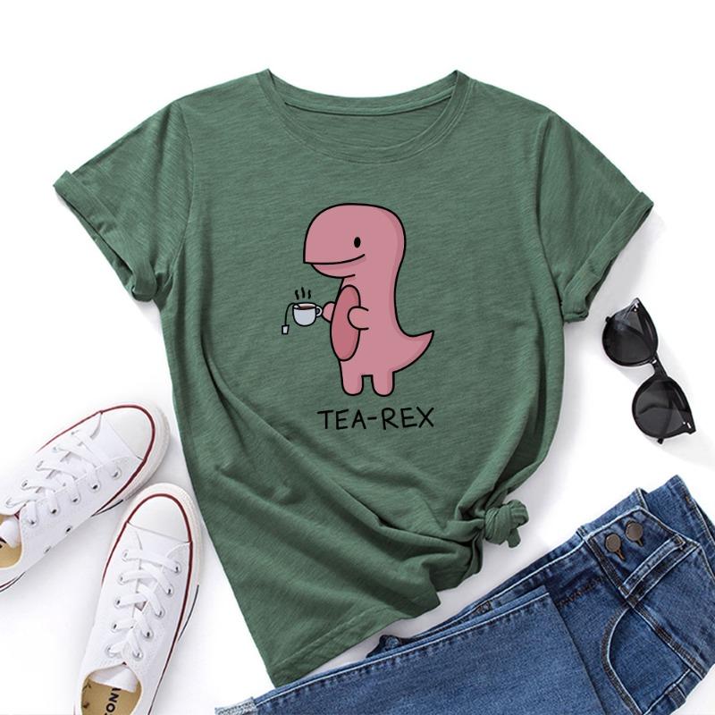 Summer Women's Pink Printed Dinosaur Pure Cotton Loose Round Neck Short Sleeved T-Shirts Women’s
