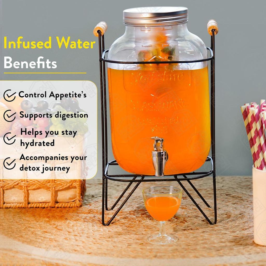 5 Litre Glass Water Dispenser with Tap, Infuser & Stand - Air Tight Lid Detox Water Jar - Mason Jar - Counter Tabletop Juice