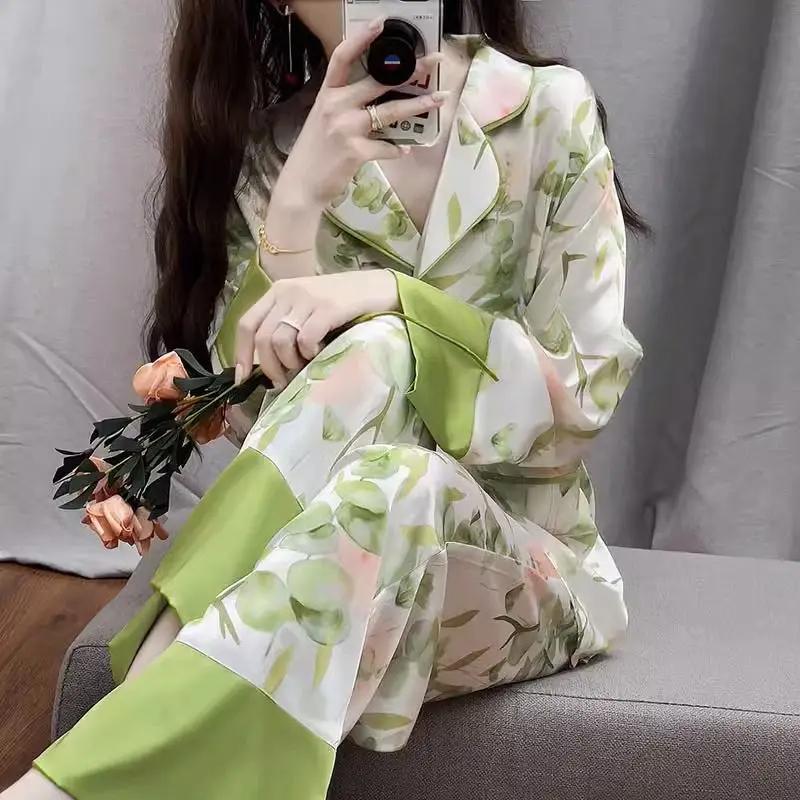 Шелковая пижама женская кардиган с длинными рукавами и длинными штанами пижамный комплект с принтом Kawaii Одежда Домашняя одежда