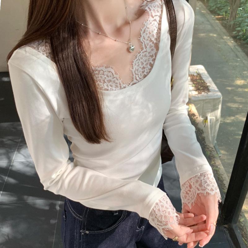 Белая чистая похоть кружево низкий воротник открытая ключица сексуальная футболка с длинными рукавами женская начало осени новый эластичный тонкий топ