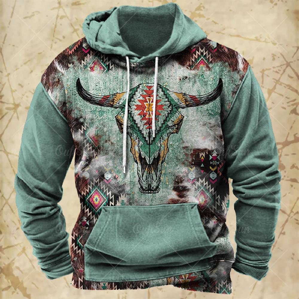 Мужская толстовка с капюшоном Western Cowboy Hooded Sweatshirt North America Demon Wendigo Printed Oversize Harajuku Clothes Vintage Streetwear