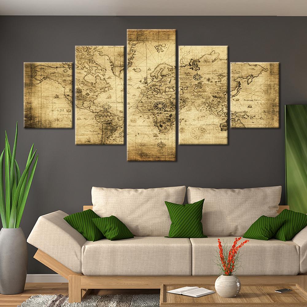 Modern HD Printed Wall Art Frame Canvas Pictures 5 Pieces World Map Painting Poster Home Decor For Living Room