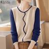 Women Casual Round Neck Long Sleeve Patchwork Blouse