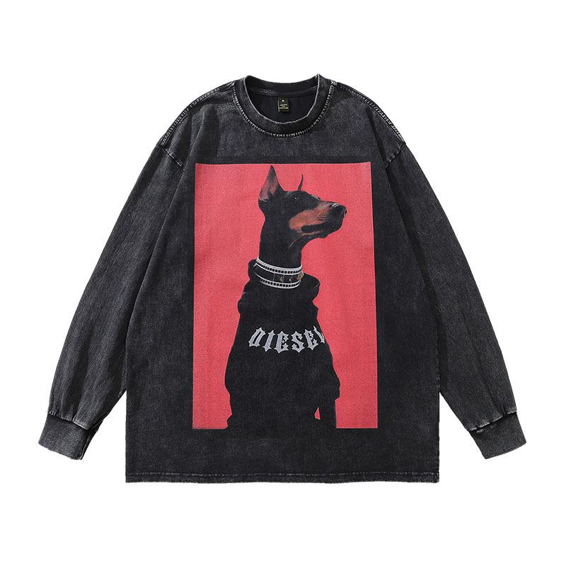 Trendy Brand American High Street Retro Doberman Direct Injection Printing Washed Long-Sleeved T-Shirt Men'S Loose Vintage Top