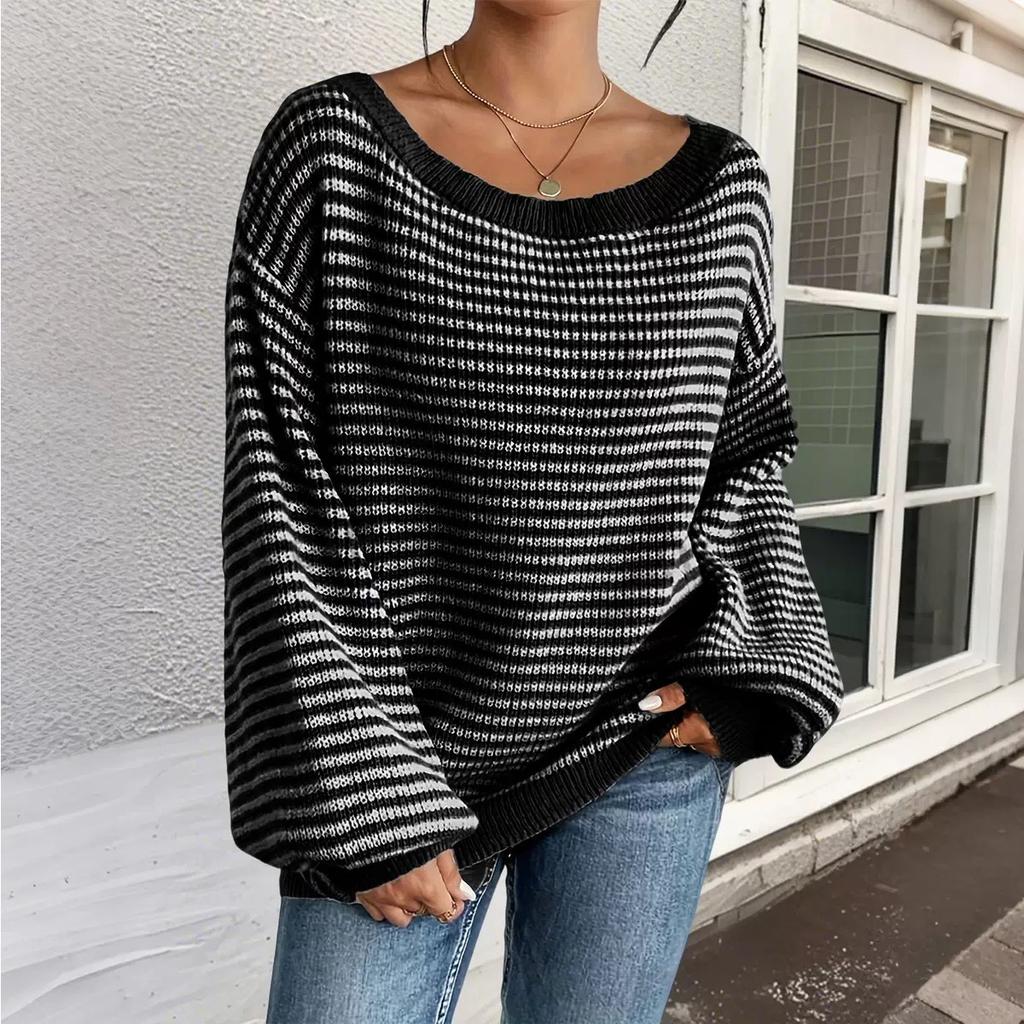 Versatile Knitted Top One-Row Neck Lace-Up Style Sweater Loose Fit Striped Lantern Sleeve Tops