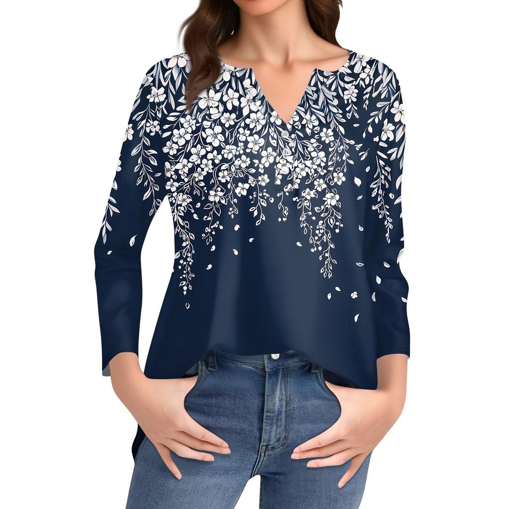 Жен. Футболка С принтом Пуговицы Рукав 3/4 Повседневные Выходные Мода Классический Классический V-образный вырез Обычный Верх