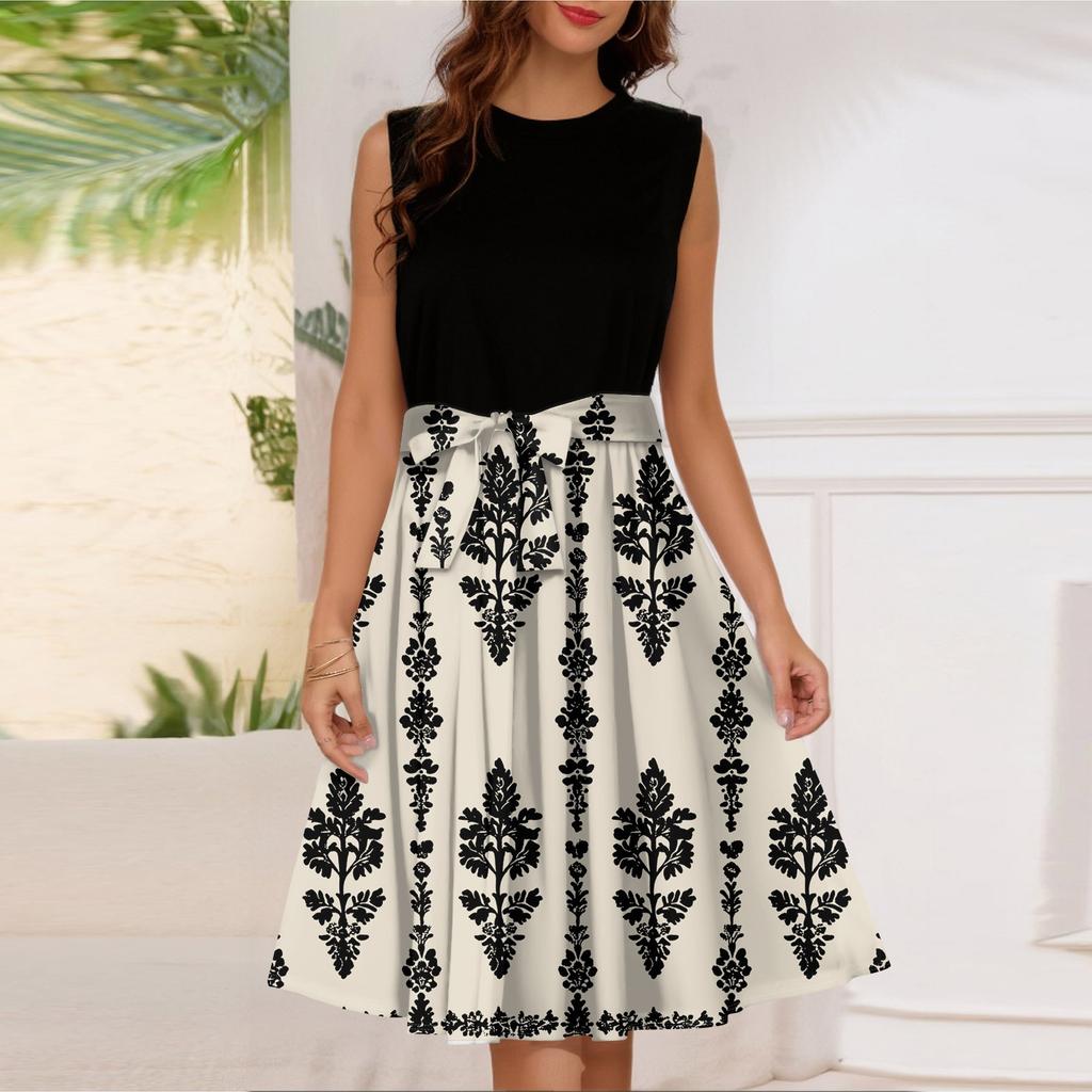 Женское модное повседневное короткое платье без рукавов со шнуровкой и круглым вырезом