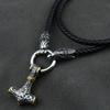 Men stainless steel Wolf head Norse Viking amulet Thor hammer pendant necklace with leather chain
