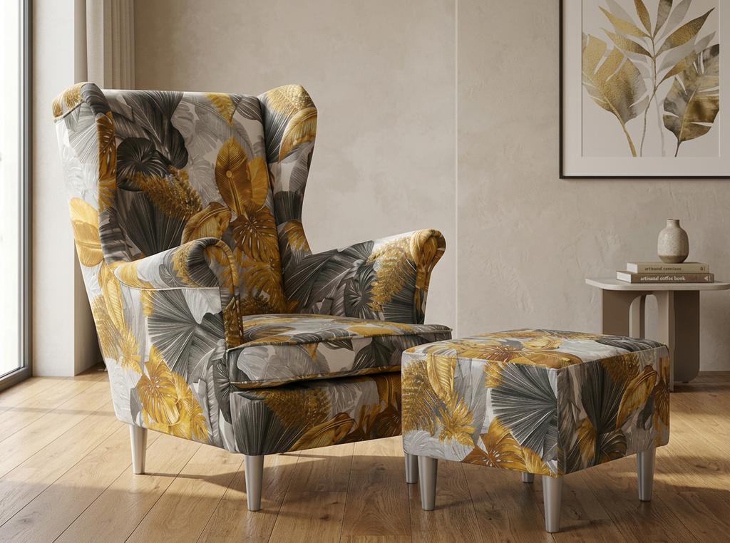 Ohrensessel Print mit gemustertem Bezug und Fußhocker im skandinavischen Stil – Family Meble