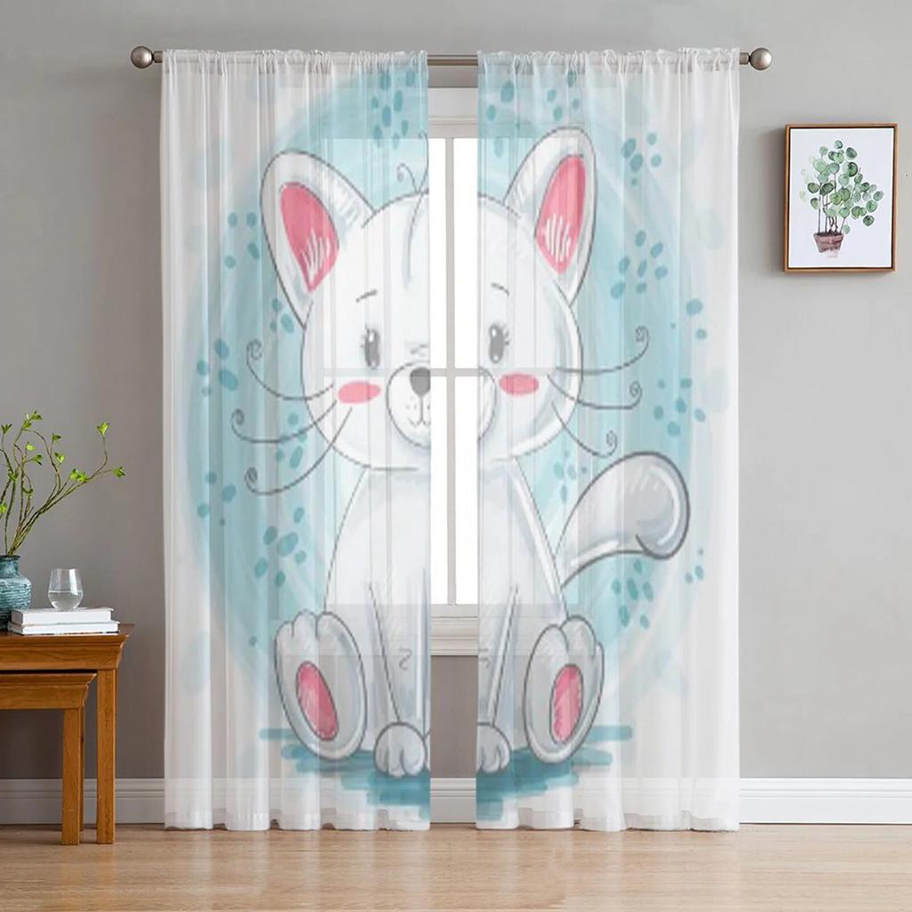 Прозрачные шторы с милым котом для спальни, гостиной, тюлевые шторы для кухни, оконные вуали, шторы