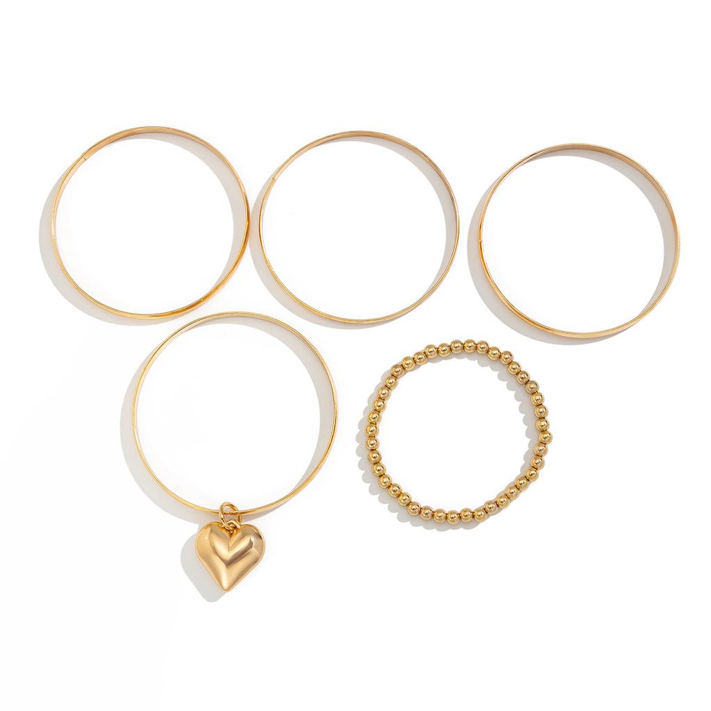 Bracelet Simple Love Heart Pendant Bracelet Set, Exaggerated Metal Beads Stacked To Wear Jewelry