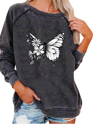Женский пуловер оверсайз, толстовка с принтом бабочки, женская модная толстовка на весну/осень
