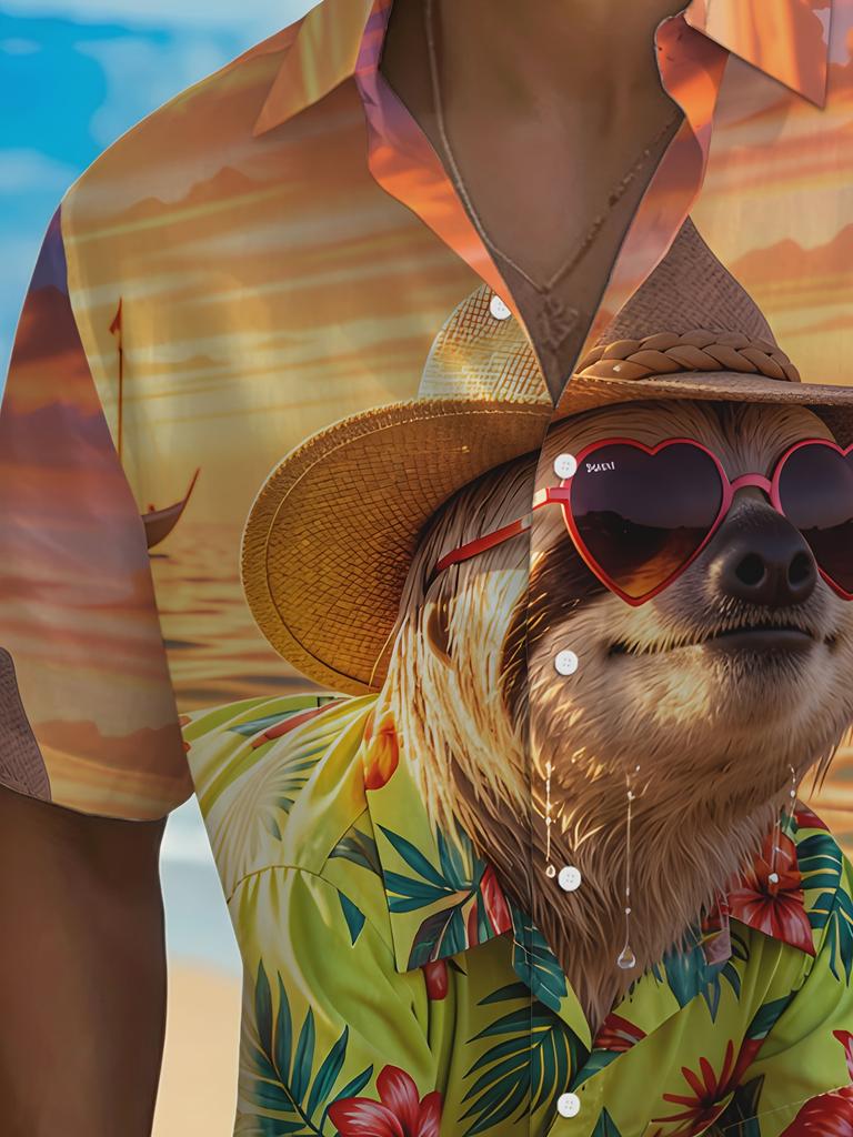 Men's Hawaiian Short-Sleeve Button-Up Shirt with Sloth Print Lapel Collar - Breathable Non-Stretch Polyester Tropical Shirt Suitable for Beach