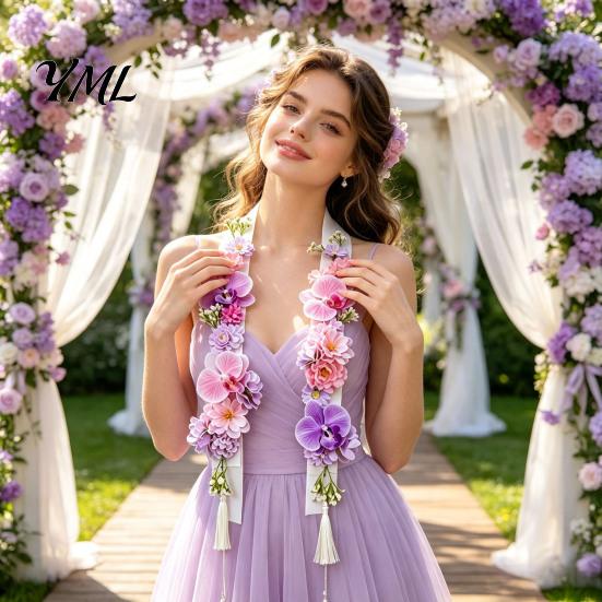 Decorative Floral Stole for Weddings Flower Graduation Leis, Artificial Satin Ribbon Grad Stole, Senior Tropical Gift Box Decoration Leis with Tassel