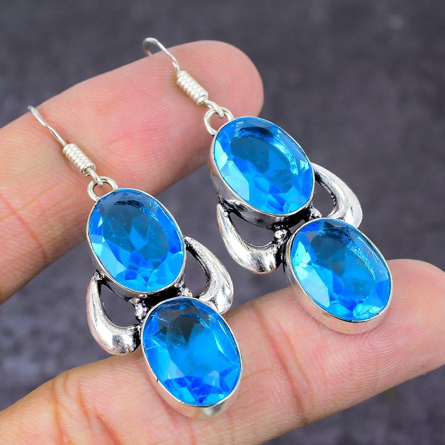 Голубой топаз драгоценный камень 925 стерлинговое серебро подарок ювелирное изделие серьга 2,17"