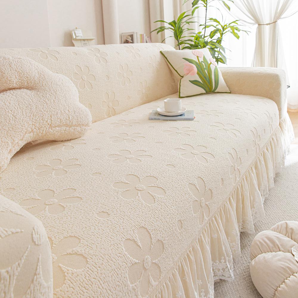 Чехол на диван с юбкой в стиле «Крем с цветами» Новый всесезонный универсальный чехол для защиты дивана с прямыми линиями и полной покрываемостью