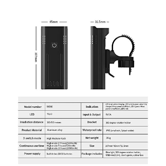 NATFIRE 2 Pcs Bike Light USB Rechargeable 3600LM Bike Headlight 6*LED Super Bright Flashlight Front Lights and Color Rear light