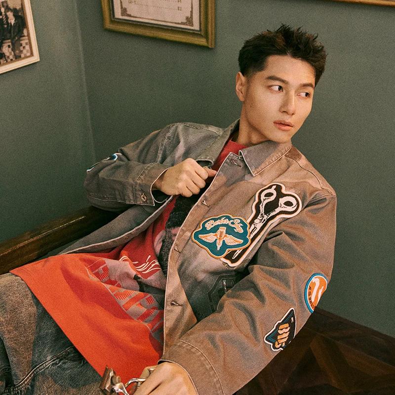 Li Ning Badfive Dragon Lifts Head Letter Pattern Printed Polo Loose Casual Denim Jacket Men Jacket Dark-Seree AFDU633-1