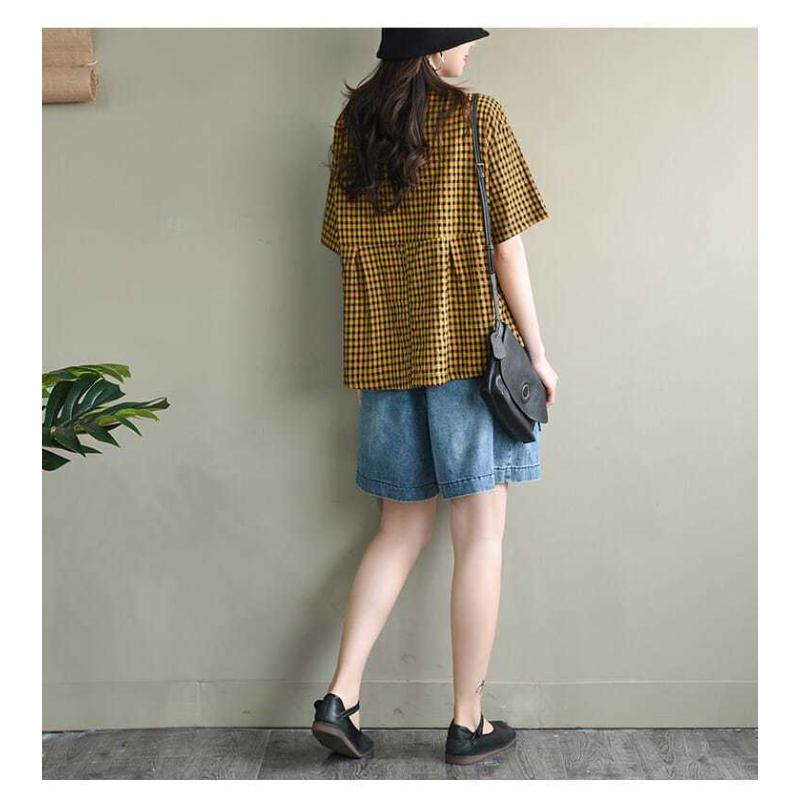 Новая Ретро Свободная Клетчатая Хлопково-Льняная Рубашка Топ Приталенная V-образный вырез Футболка с коротким рукавом