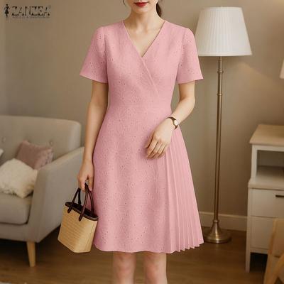 Женское повседневное платье с V-образным вырезом, короткими рукавами, ажурным кружевом и лоскутным узором из кроше