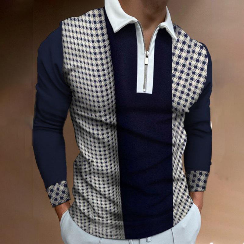 Business Men's Checkered Printed 3D Printed Zipper Long-sleeved POLO Shirt