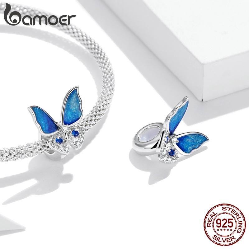 BAMOER из стерлингового серебра 925 пробы, сверкающие разноцветные циркониевые бусины с синей бабочкой для оригинальных браслетов и ожерелья диаметром 3 мм