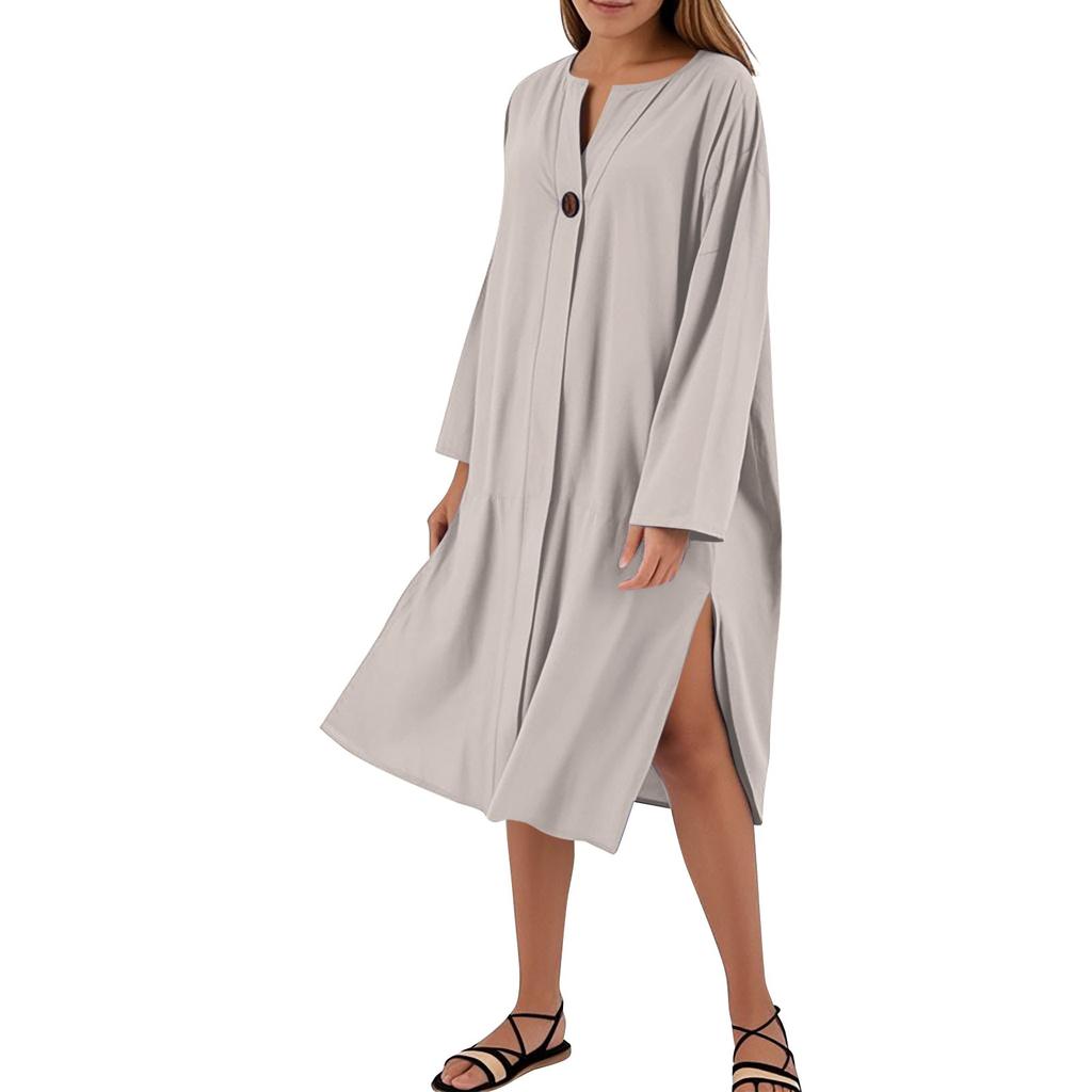 Women's Dresses Loose Casual Solid Color V-Neck Button Long Dresses