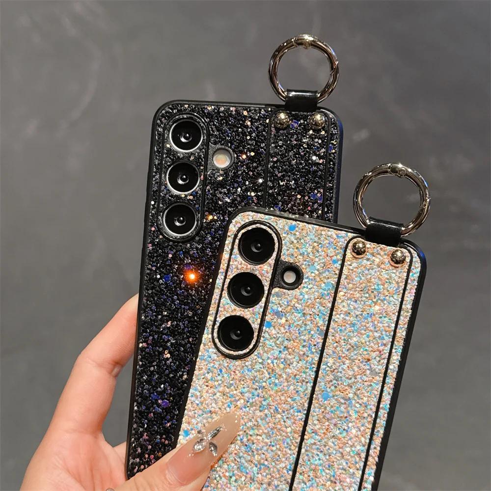 Wrist Strap Bracket Ring Phone Case for Samsung Galaxy S25 Ultra S24 S23 S22 S21 Plus Flash Diamond Leather Hard Shell Cover